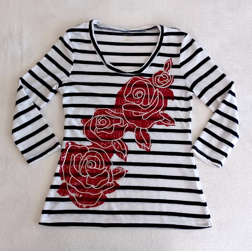 Madison Black and White Striped Top with Red Rose Design, Size Sp - Picture 7 of 12